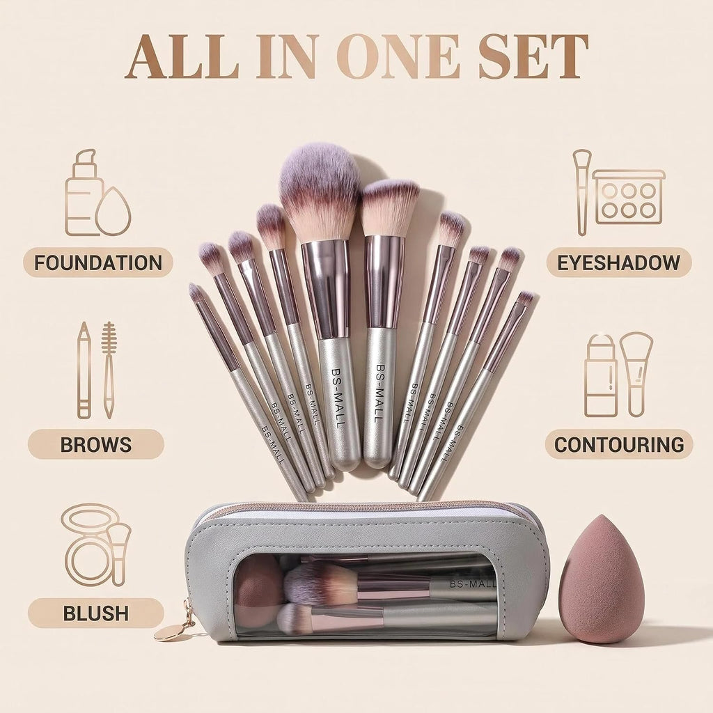 Travel Makeup Brush Set with Case & Sponge for Foundation Powder Blush 14