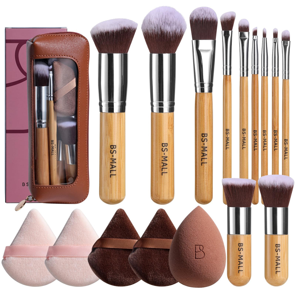 BS-MALL Makeup Brush Set 11Pcs Bamboo Synthetic Kabuki Brush Set Foundation Powder Blending Concealer Eye shadows Blush Cosmetics Brushes with Organizer Bag & Makeup Sponge (Beige)