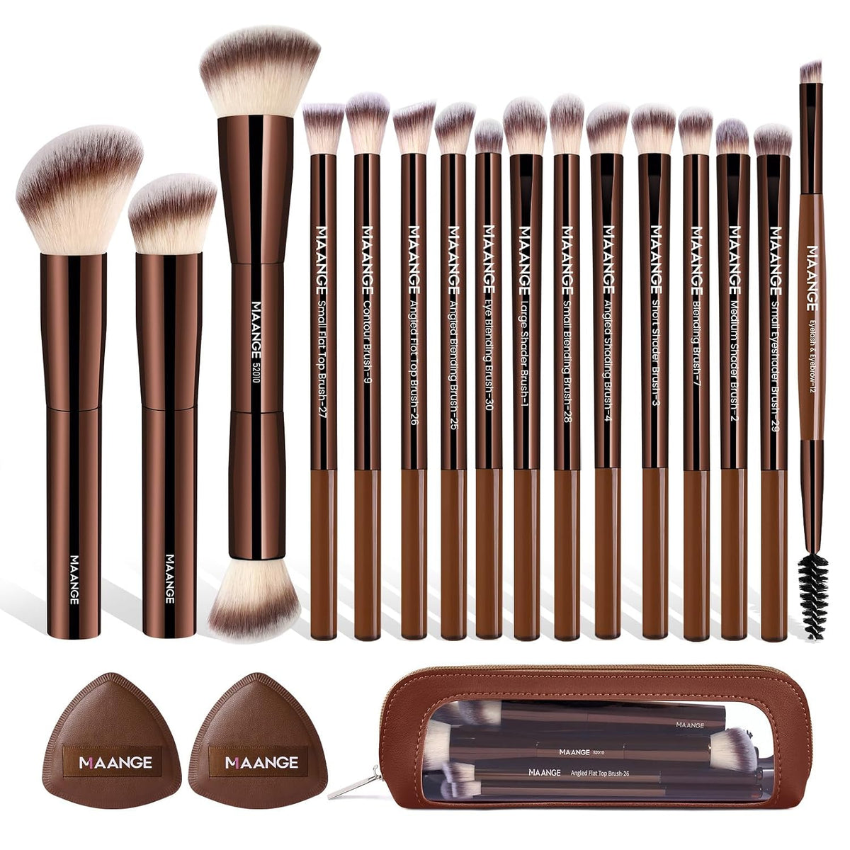 MAANGE Makeup Brush Set 19 PCS Travel Makeup Brushes Eyeshaowder Powder Concealers Foundation Professional Make Up Brush Set with Case (Coffee)