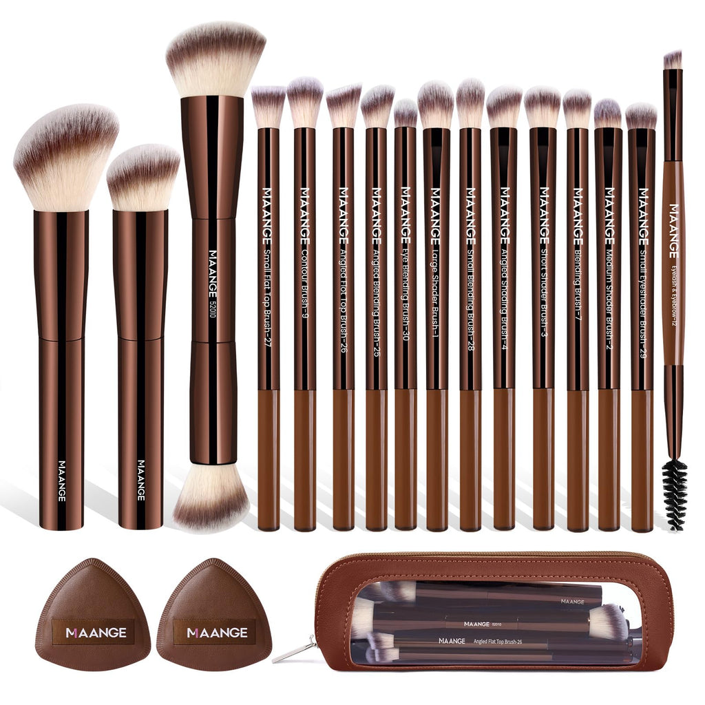MAANGE Makeup Brush Set 19 PCS Travel Makeup Brushes Eyeshaowder Powder Concealers Foundation Professional Make Up Brush Set with Case (Coffee)