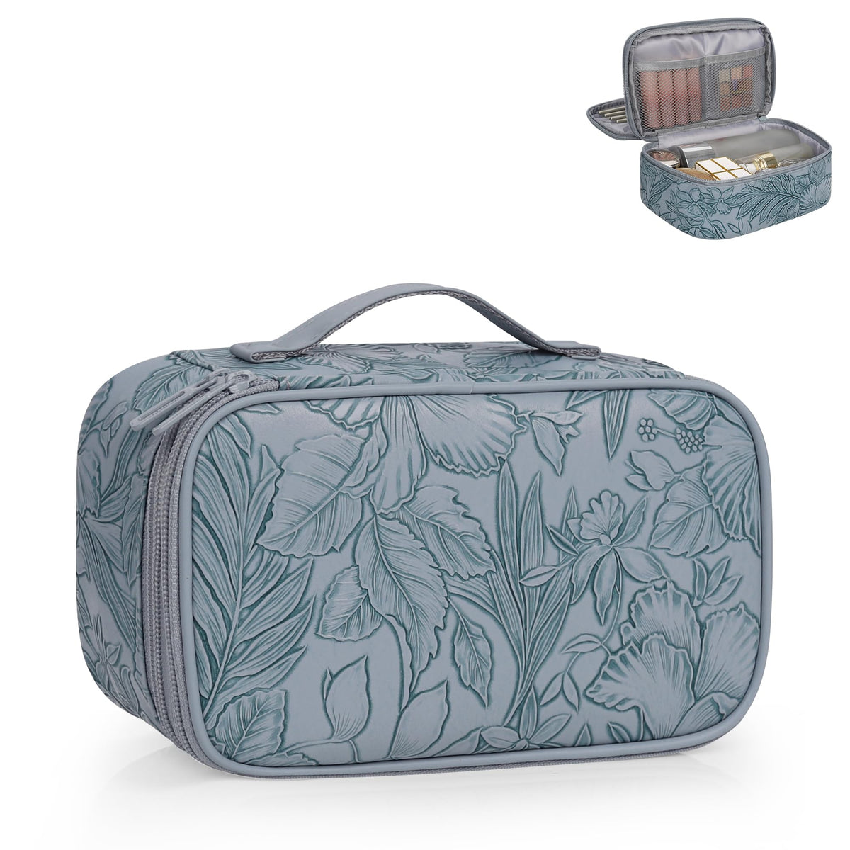Relavel Travel Makeup Bag, Small Floral Cosmetic Bag with Makeup Brush Compartment, Portable Makeup Pouch for Women, Double Layer Makeup Organizer Bag Cute Toiletry Bag