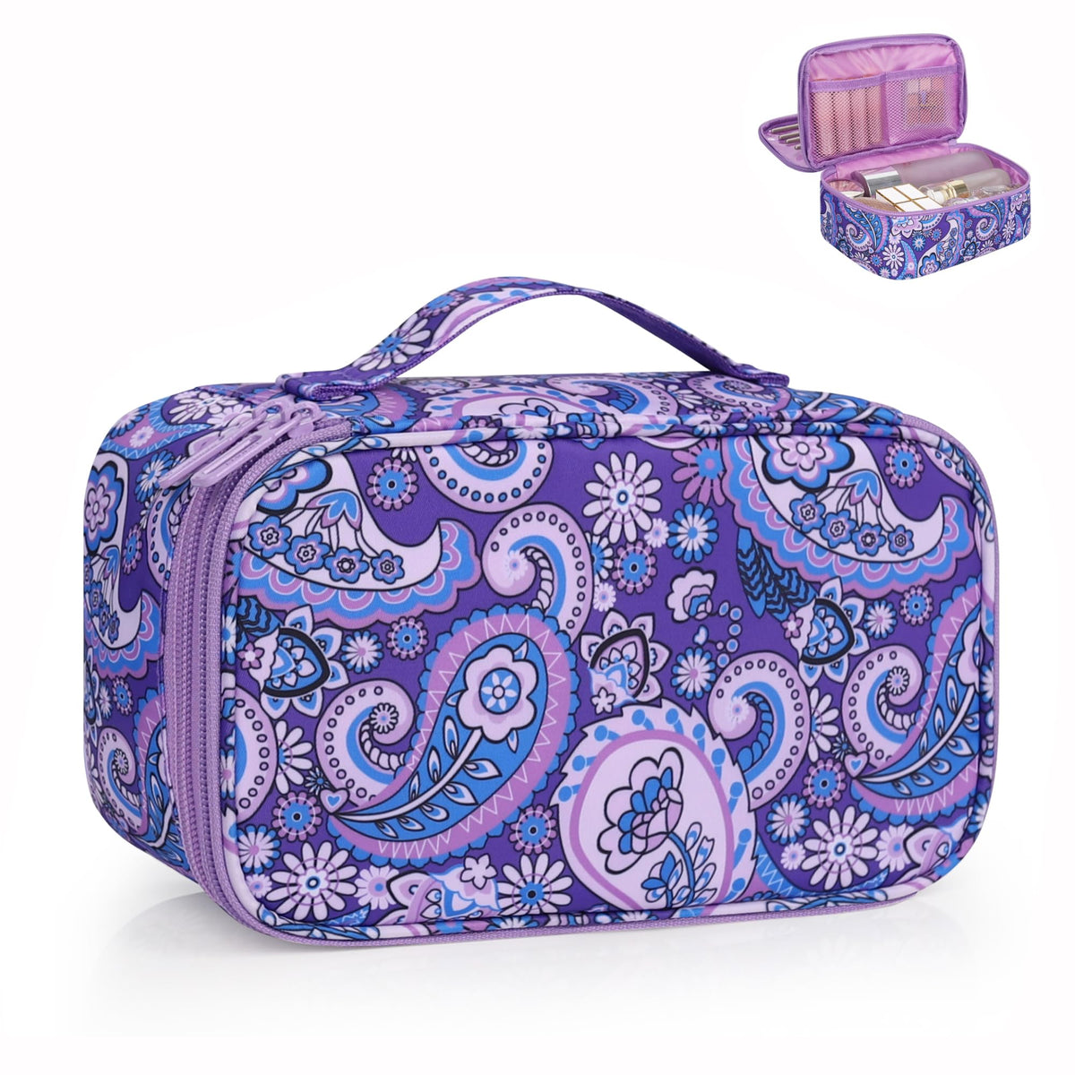 Relavel Travel Makeup Bag, Small Floral Cosmetic Bag with Makeup Brush Compartment, Portable Makeup Pouch for Women, Double Layer Makeup Organizer Bag Cute Toiletry Bag