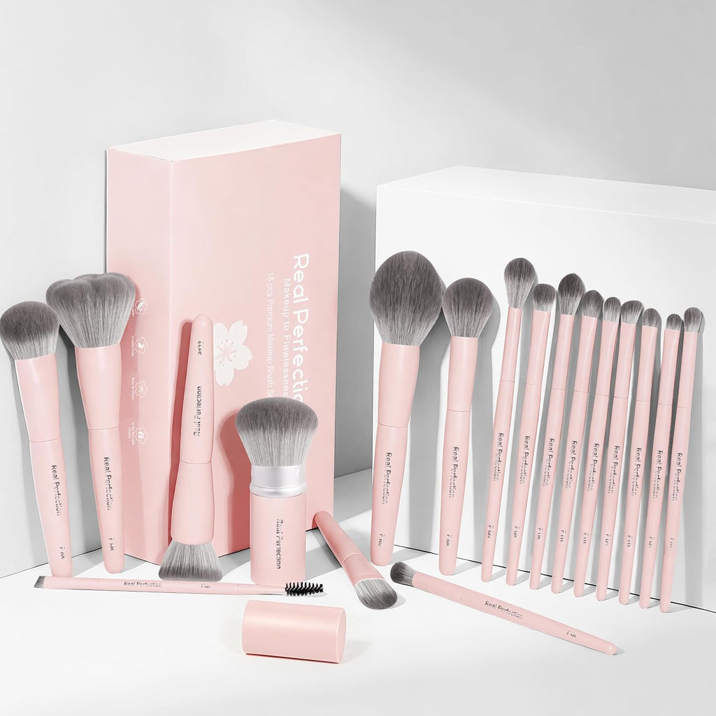 Real Perfection Professional Makeup Brushes 18 Pcs Makeup Brush Set Premium Kabuki Powder Foundation Contour Blush Concealer Eyeshadow Blending Liner Make Up Brush Kit - Pink