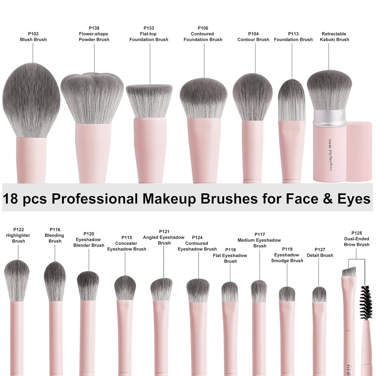 Real Perfection Professional Makeup Brushes 18 Pcs Makeup Brush Set Premium Kabuki Powder Foundation Contour Blush Concealer Eyeshadow Blending Liner Make Up Brush Kit - Pink