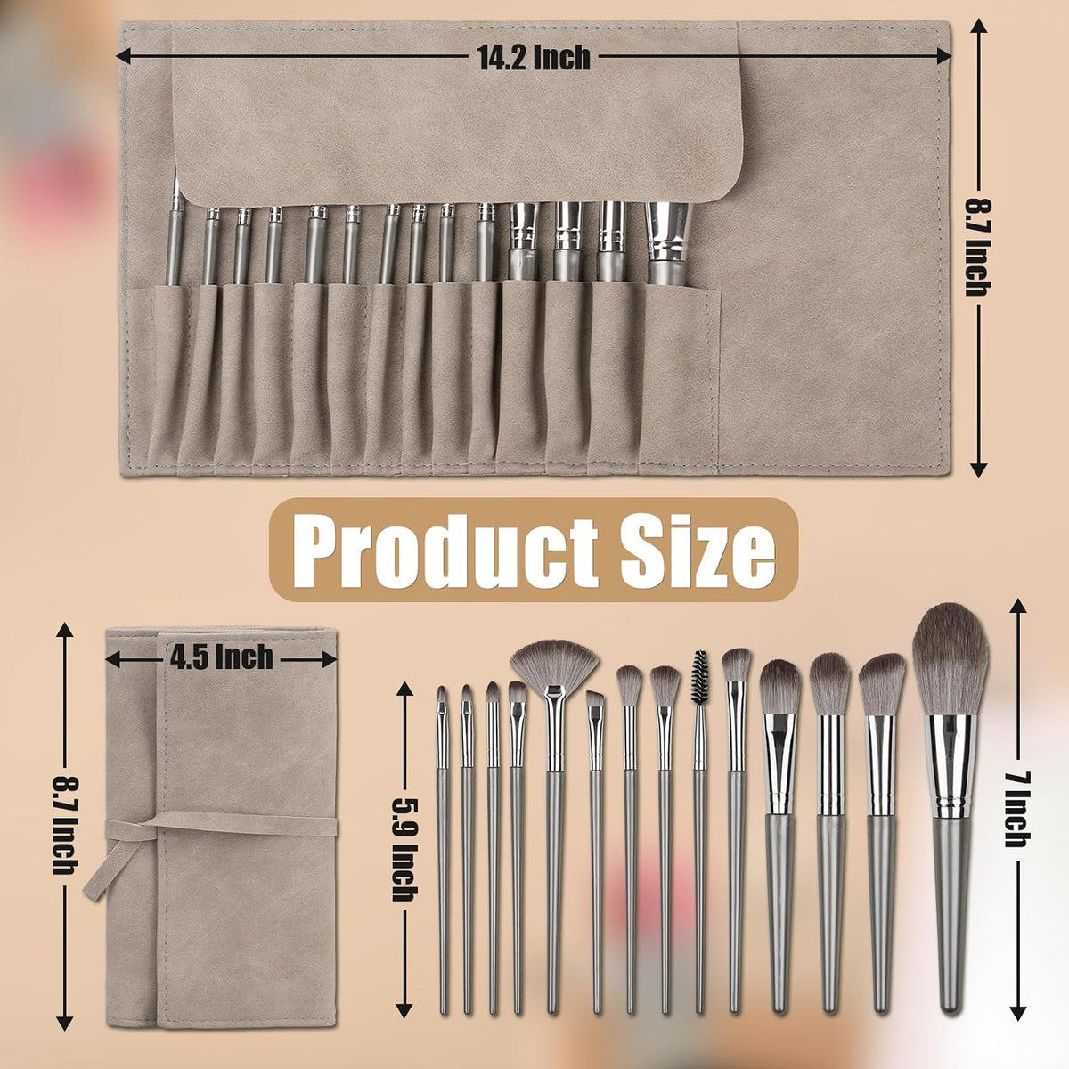 Amrules 14 Pcs Professional Makeup Brush Set, with PU Bag, Grayish