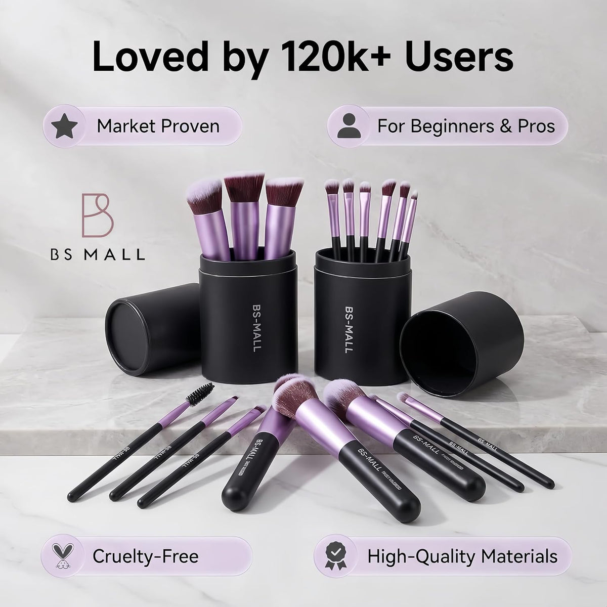 BS-MALL Makeup Brushes Premium Synthetic Foundation Powder Concealers Eye Shadows 14 Pcs Purple for Makeup Beginner or Professional with Travel Case