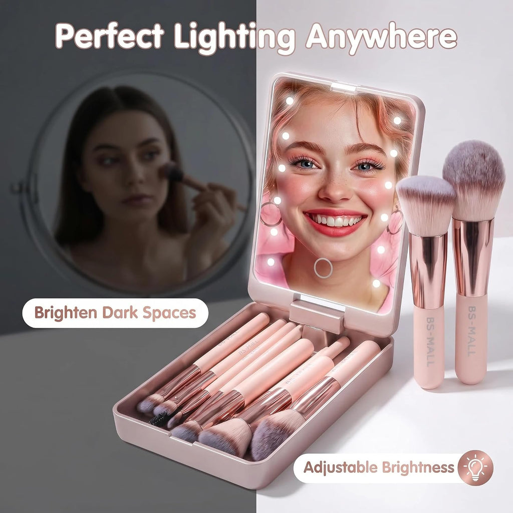BS-MALL Makeup Brushes Foundation Powder Concealers Eye Shadows Makeup Set with LED light Mirror 14 Pcs Mini Makeup Brushes (APINK)
