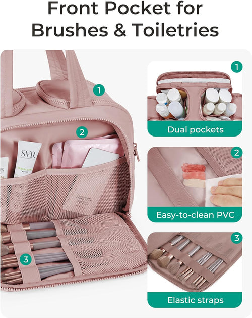 BAGSMART Travel Toiletry Bag, Lightweight Large Wide-open Travel Bag for Women, Puffy Cosmetic Makeup Bag Organizer with Handle for Accessories,Essentials, Toiletries, Dark Pink