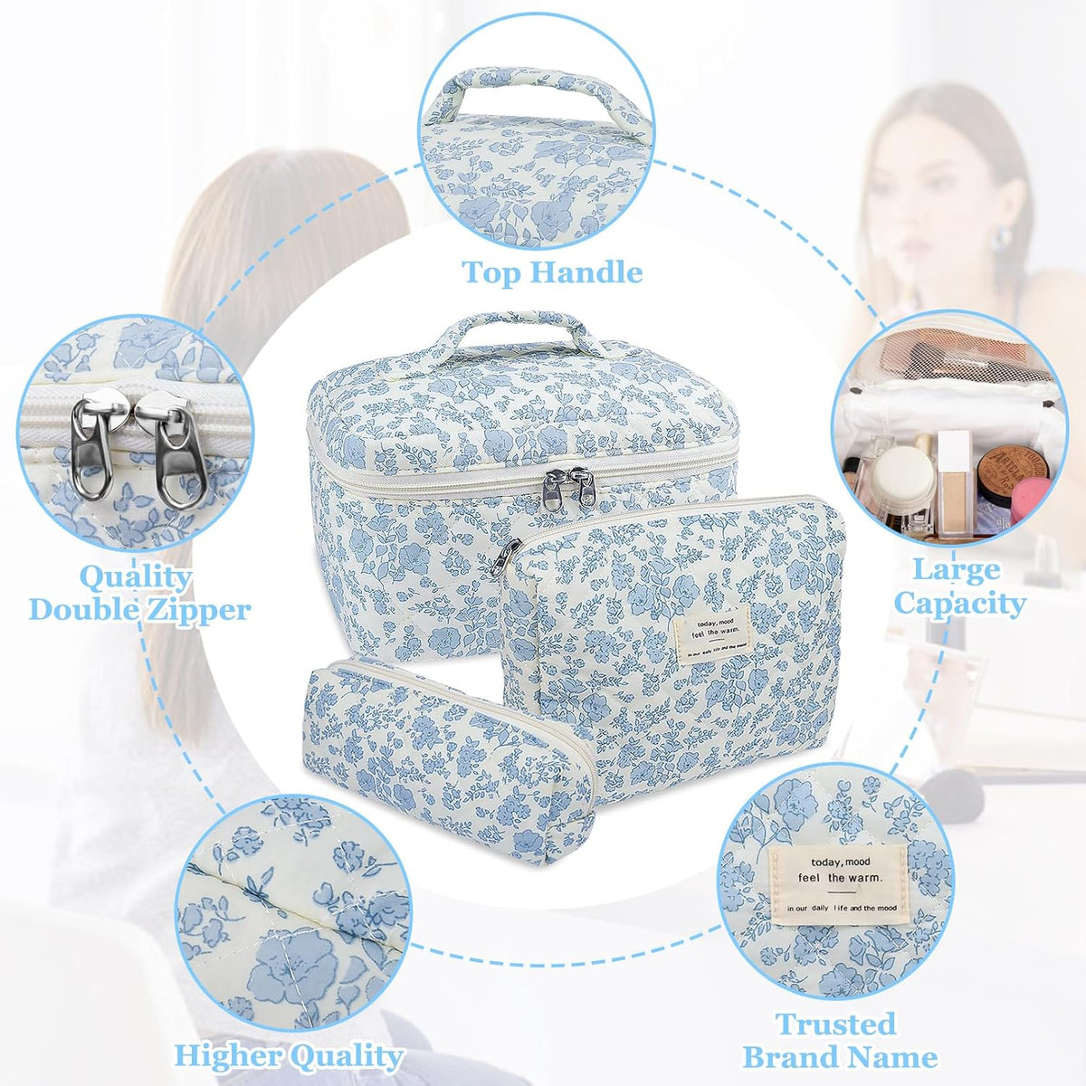 Gosect Makeup Bag, Large Quilted Cosmetic Bag, Big Floral Make Up Bag for Women Girls, Cute Cotton Makeup Bag Set, Flower Travel Toiletry Organizer Bag (Blue Flower)