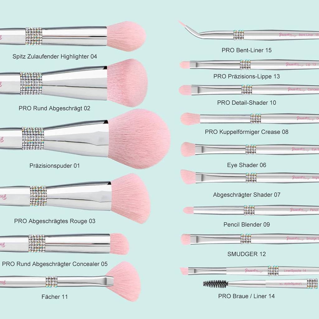 Bueart Design 15Pcs Labeled Makeup Brushes Set with Elegant Pink Holder