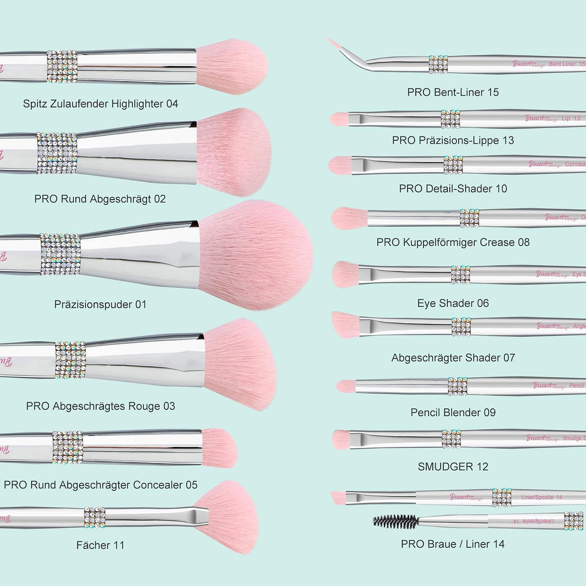 Bueart Design 15Pcs Labeled Makeup Brushes Set with Elegant Pink Holder