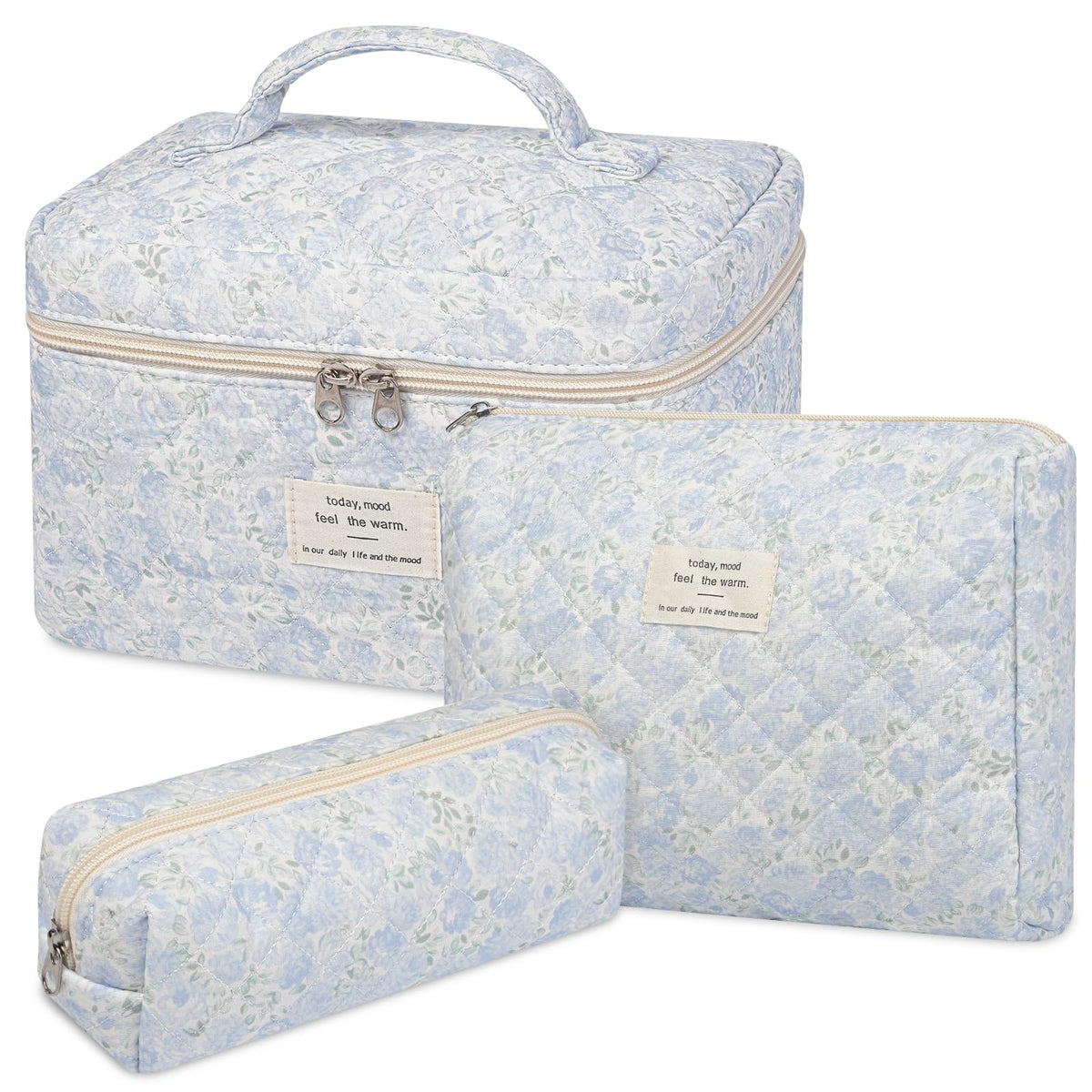senbowe Floral Makeup Bag, 3 Pack Large Cotton Quilted Makeup Bag Set, Cute Floral Coquette Aesthetic Toiletry Bag Make Up Cosmetic Bag for Women, Toiletry Travel Make Up Organizer Bag