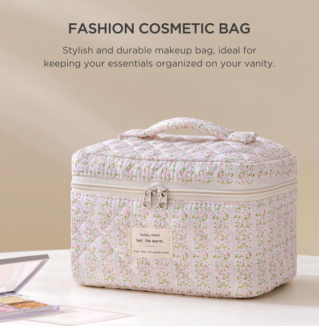 HBselect Large Quilted Makeup Bag for Women Cute Cotton Travel Cosmetic Bag