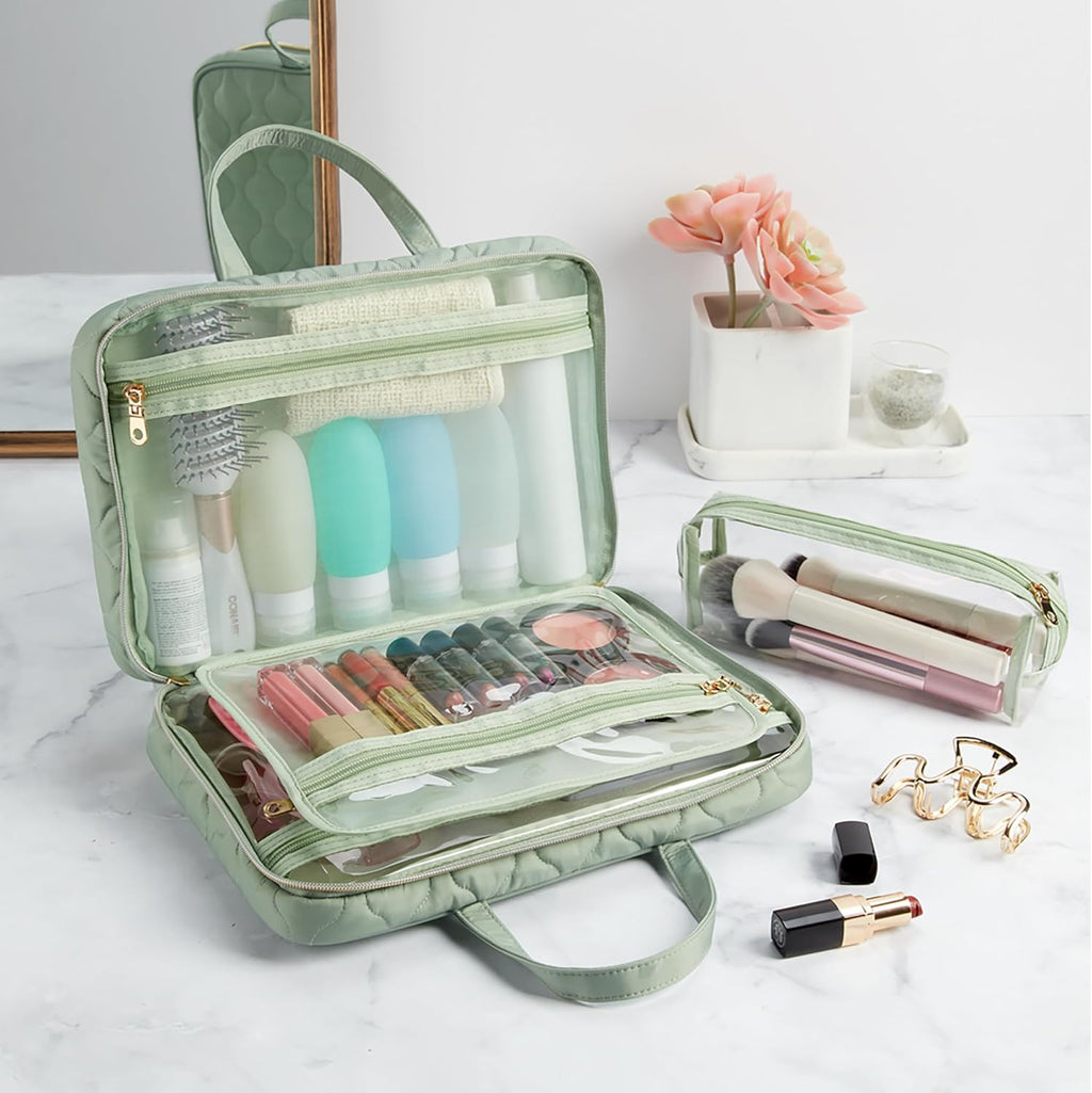 CONAIR Travel Toiletry Bag with Handles, Travel Makeup Bag, 2 Clear Zippered Compartments, 2 Flat-Zip Pockets and Removable Clear Plastic Pencil Case, Easy to Clean, 1 Count, Sage Green
