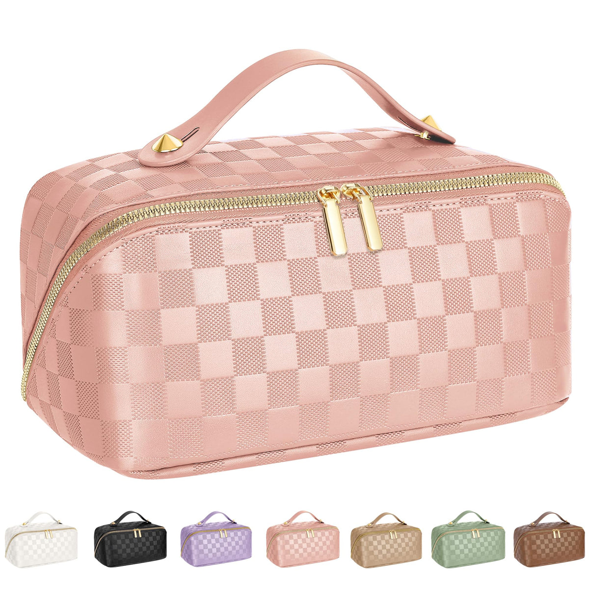 ALEXTINA Travel Makeup Bag, Checkered PU Leather Cosmetic Bag, Black