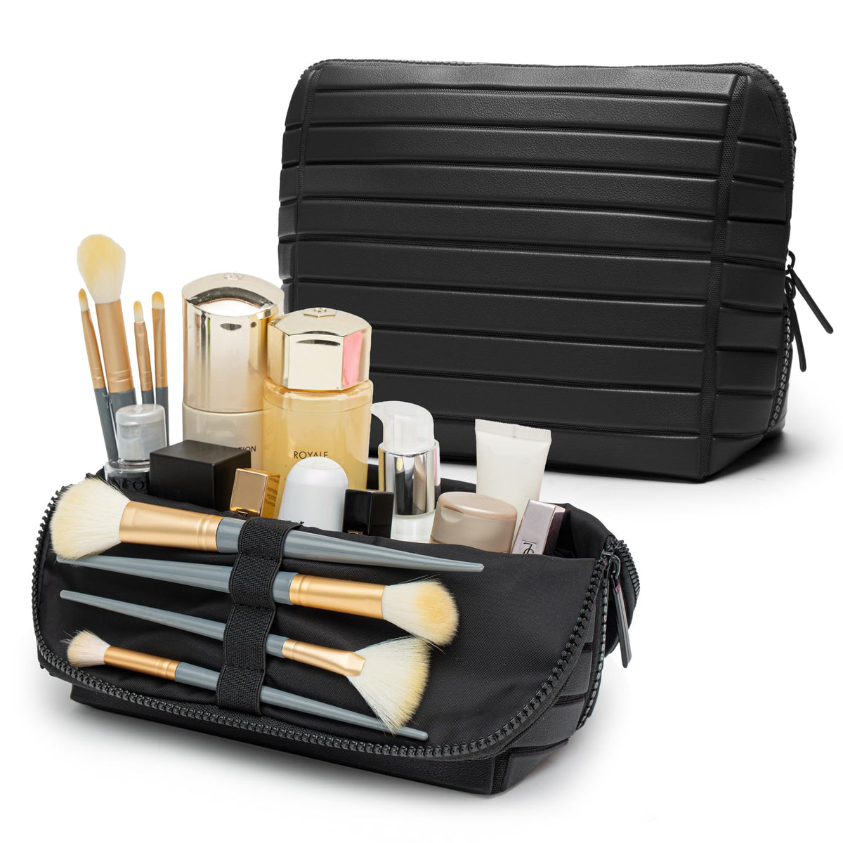 Minoisome Travel Makeup Bag,PU leather toiletry bag,make up organizer case for women,Large Capacity Cosmetic Bag,Wide-open Pouch Purse，Toiletries Accessories，Fold-Down Design and Adjustable Dividers.