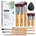 BS-MALL Makeup Brush Set 11Pcs Bamboo Synthetic Kabuki Brush Set Foundation Powder Blending Concealer Eye shadows Blush Cosmetics Brushes with Organizer Bag & Makeup Sponge (Beige)