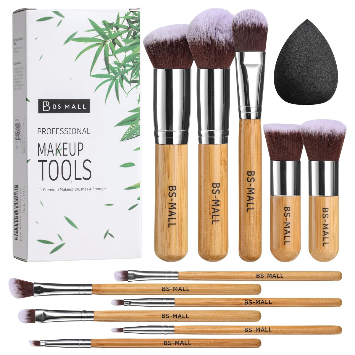 BS-MALL Makeup Brush Set 11Pcs Bamboo Synthetic Kabuki Brush Set Foundation Powder Blending Concealer Eye shadows Blush Cosmetics Brushes with Organizer Bag & Makeup Sponge (Beige)
