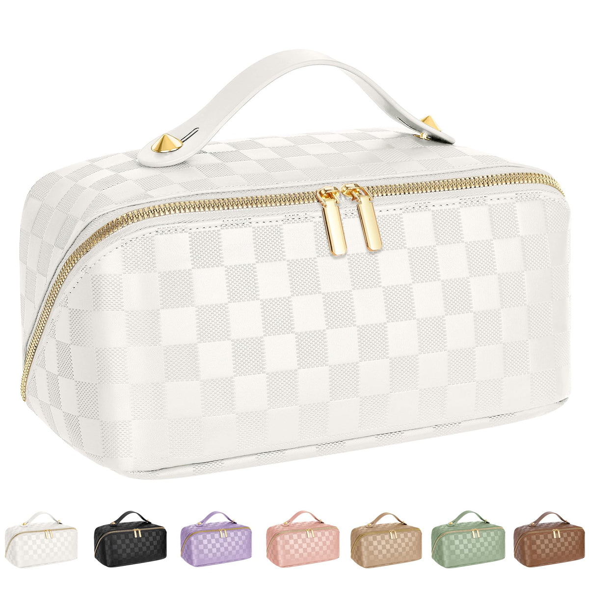 ALEXTINA Travel Makeup Bag, Checkered PU Leather Cosmetic Bag, Black