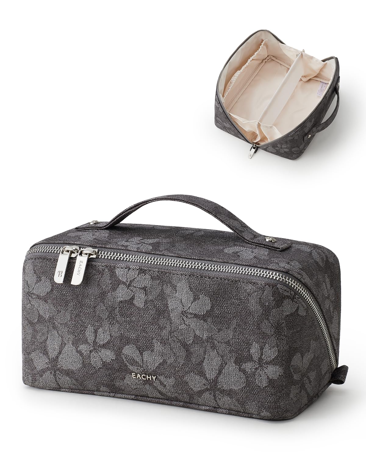 EACHY Travel Makeup Bag, Floral Cosmetic Bag for Women, Beige, Medium