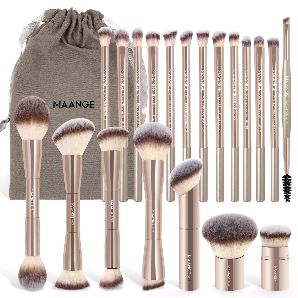 MAANGE 20 PCS Foundation Makeup Brush Set, Double-ended Kabuki Contour Brush for Liquid Powder Concealer Blending Blush Face Makeup Tools with Gift Box (Coffee)