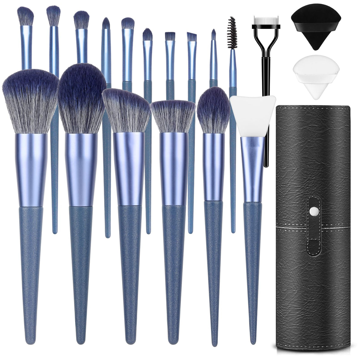 LUXBRU Makeup Brushes With Case 20PCs Professional Makeup Brush Set, Foundation Powder Eyeshadow Brush Set Eyebrow Concealer Contour Travel Brushes Kit with Holder & 2 Powder Puff-White