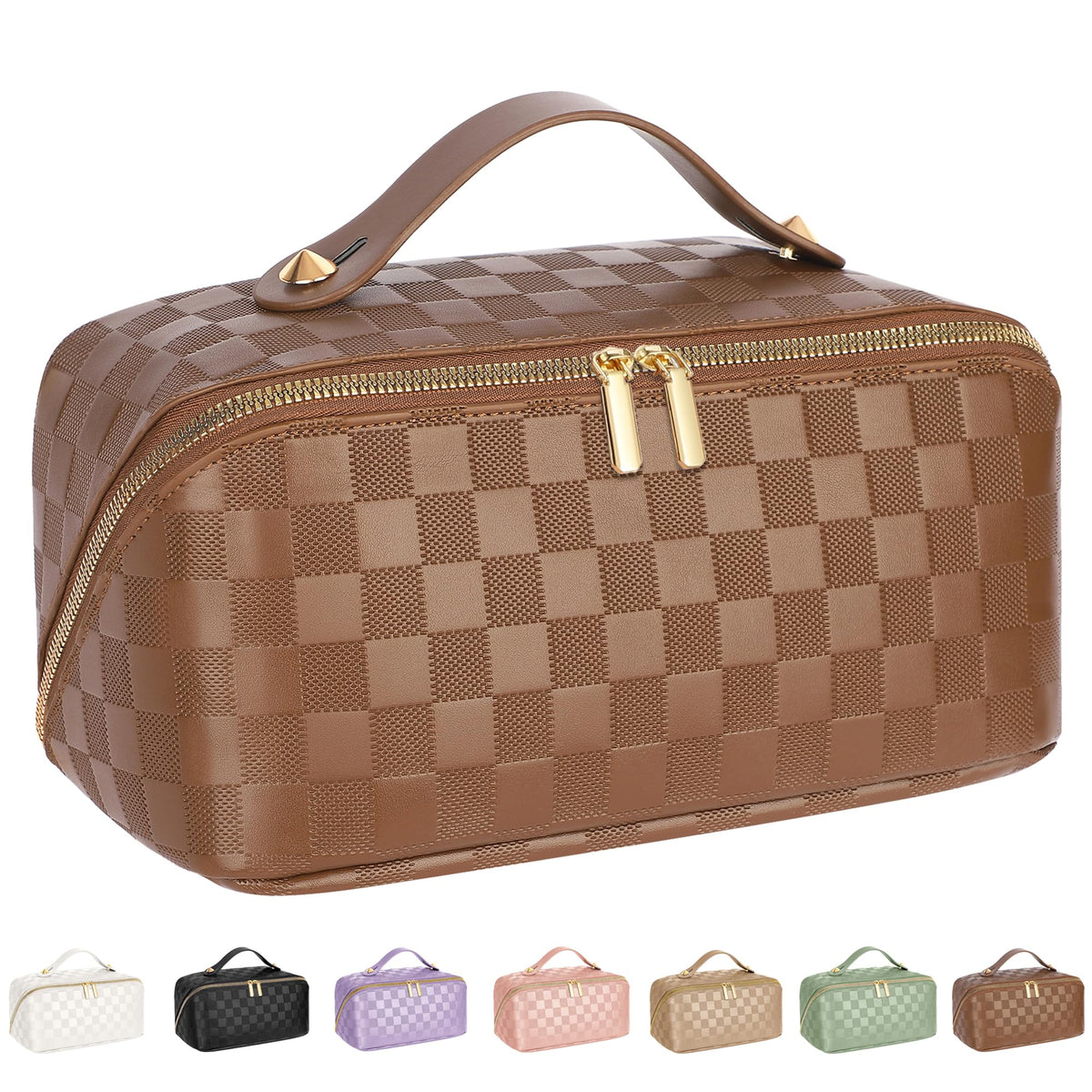 ALEXTINA Travel Makeup Bag, Checkered PU Leather Cosmetic Bag, Black
