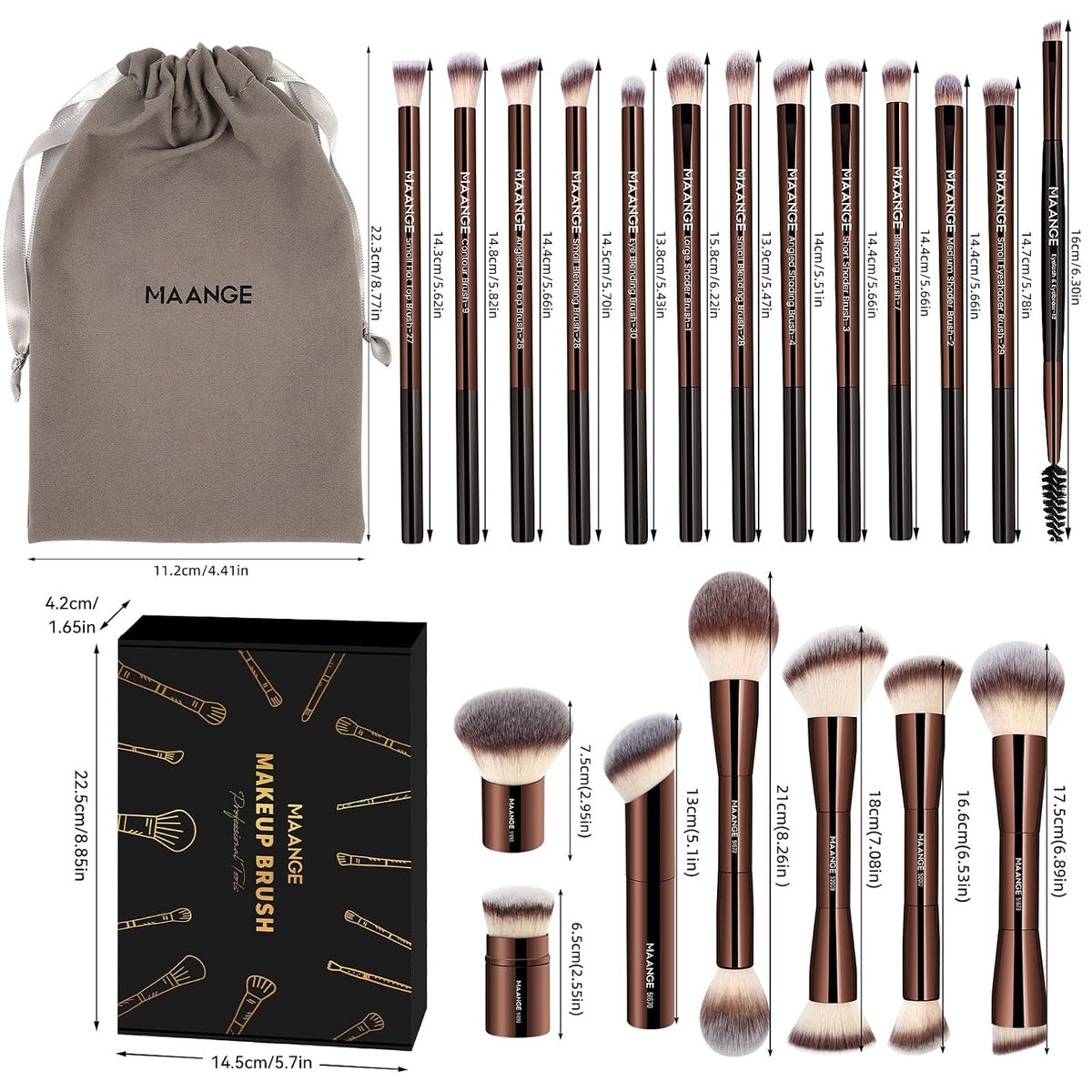 MAANGE 20 PCS Foundation Makeup Brush Set, Double-ended Kabuki Contour Brush for Liquid Powder Concealer Blending Blush Face Makeup Tools with Gift Box (Coffee)