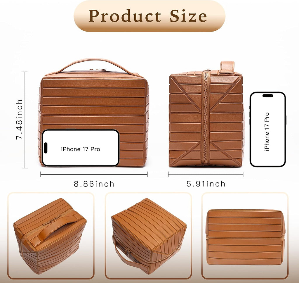 Minoisome Travel Makeup Bag,PU leather toiletry bag,make up organizer case for women,Large Capacity Cosmetic Bag,Wide-open Pouch Purse，Toiletries Accessories，Fold-Down Design and Adjustable Dividers.