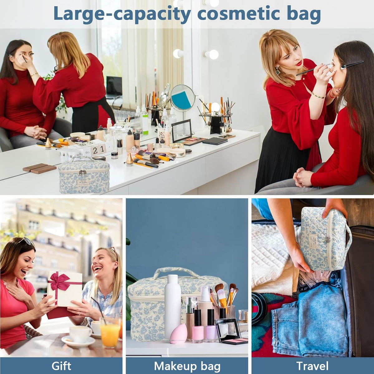 Gosect Large Makeup Bag, Cute Cosmetic Bag for Women Girls, Floral Coquette Aesthetic Toiletry Bag, Travel Make Up Organizer Bag (BDLH)