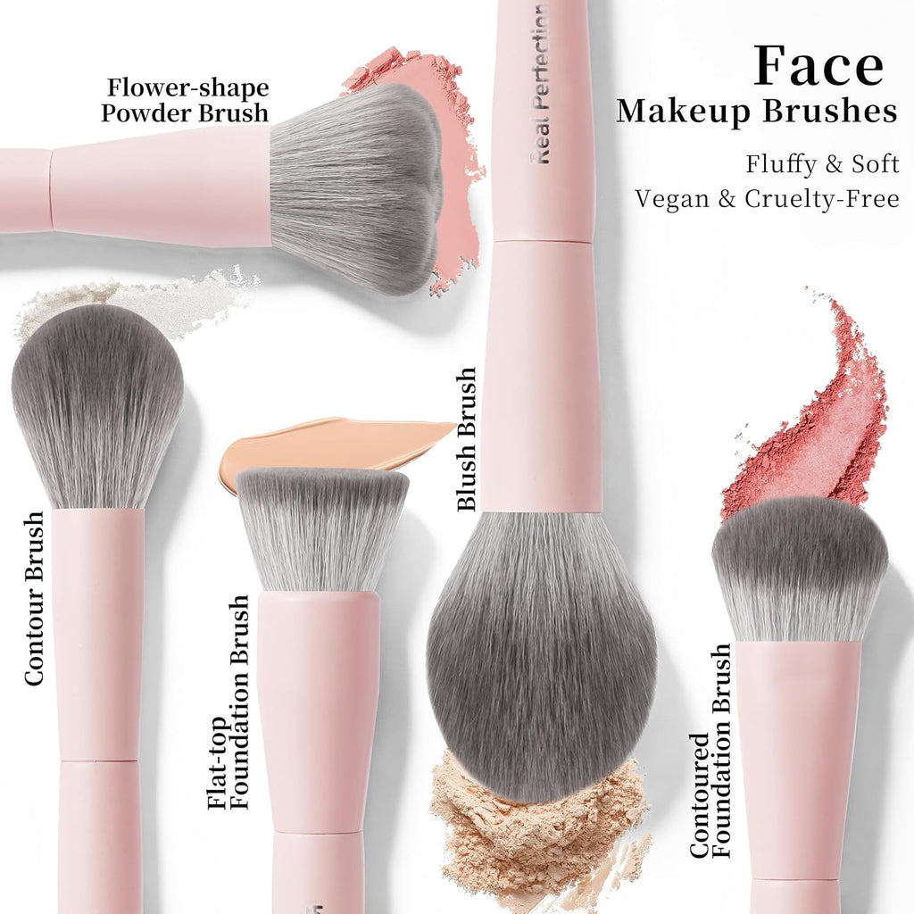 Real Perfection Professional Makeup Brushes 18 Pcs Makeup Brush Set Premium Kabuki Powder Foundation Contour Blush Concealer Eyeshadow Blending Liner Make Up Brush Kit - Pink