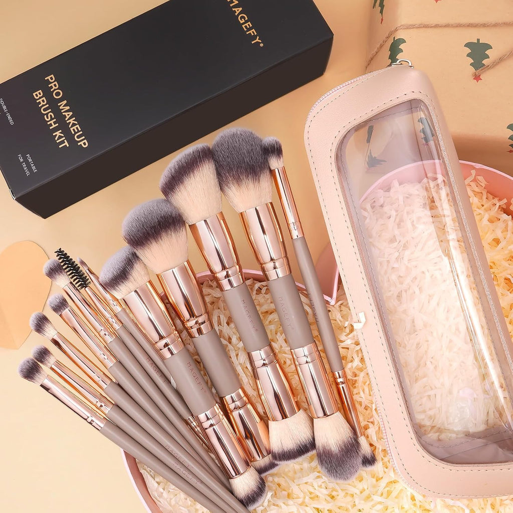 MAGEFY Makeup Brushes 12Pcs with Bag, Double-End Multi-functional for Foundation Powder Blush Eyeliner Eyeshadows brushes with Gift Box,Champagne