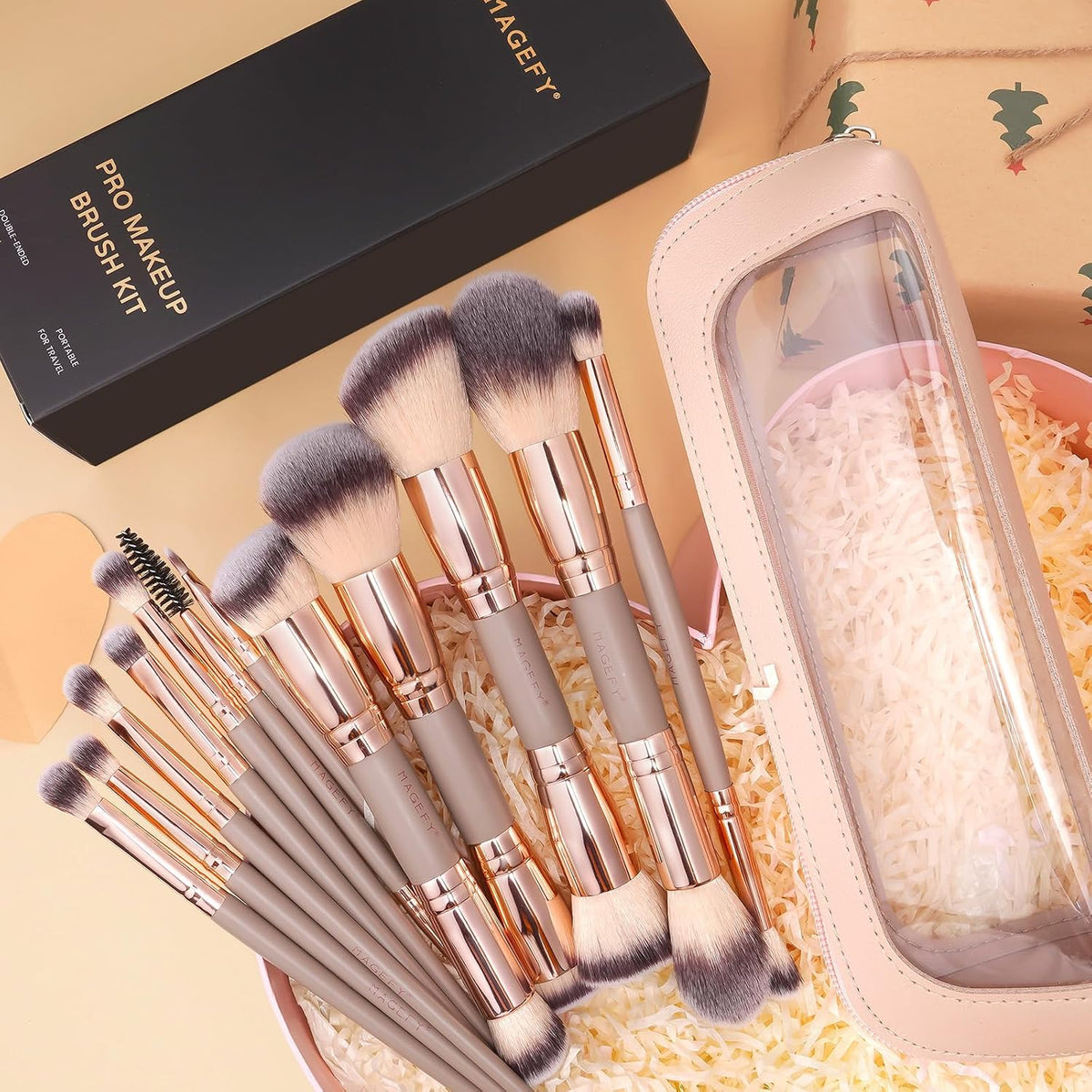 MAGEFY Makeup Brushes 12Pcs with Bag, Double-End Multi-functional for Foundation Powder Blush Eyeliner Eyeshadows brushes with Gift Box,Champagne