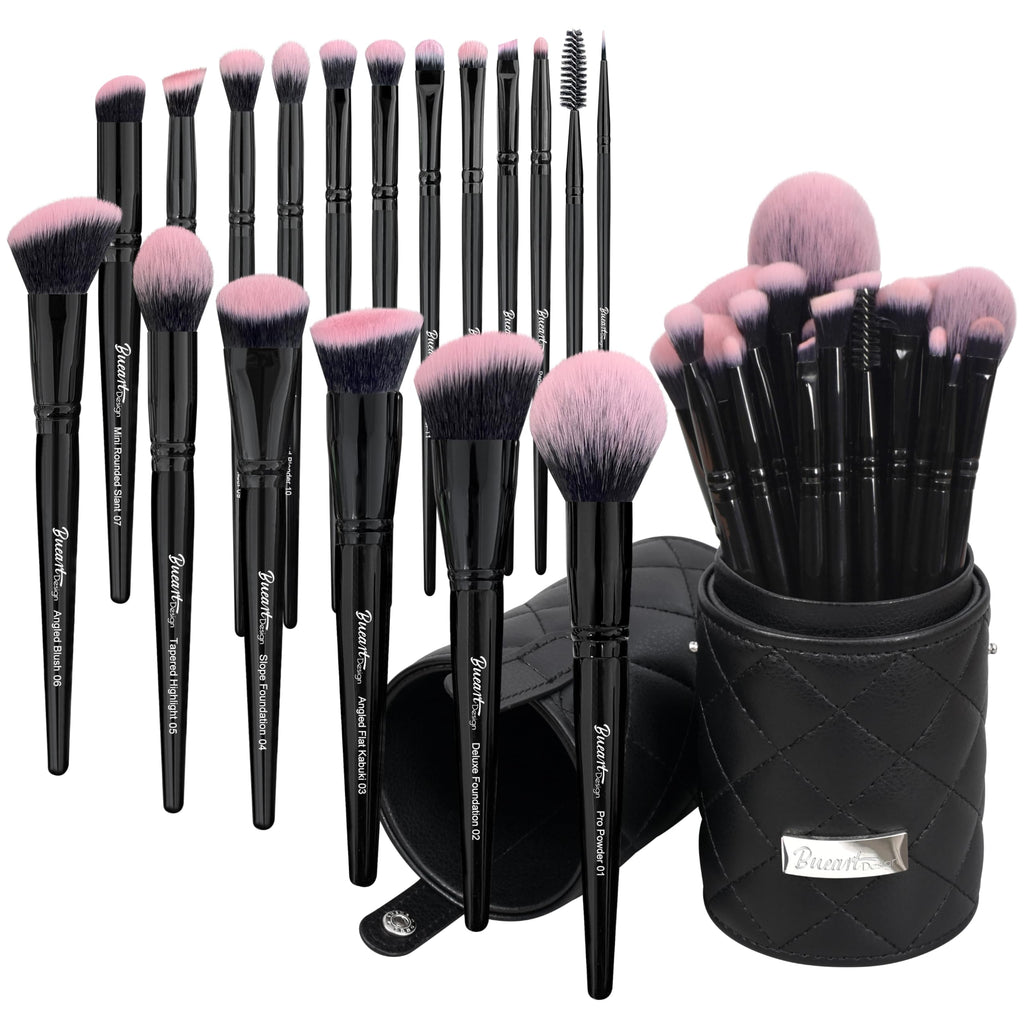Bueart Design 15Pcs Labeled Makeup Brushes Set with Elegant Pink Holder