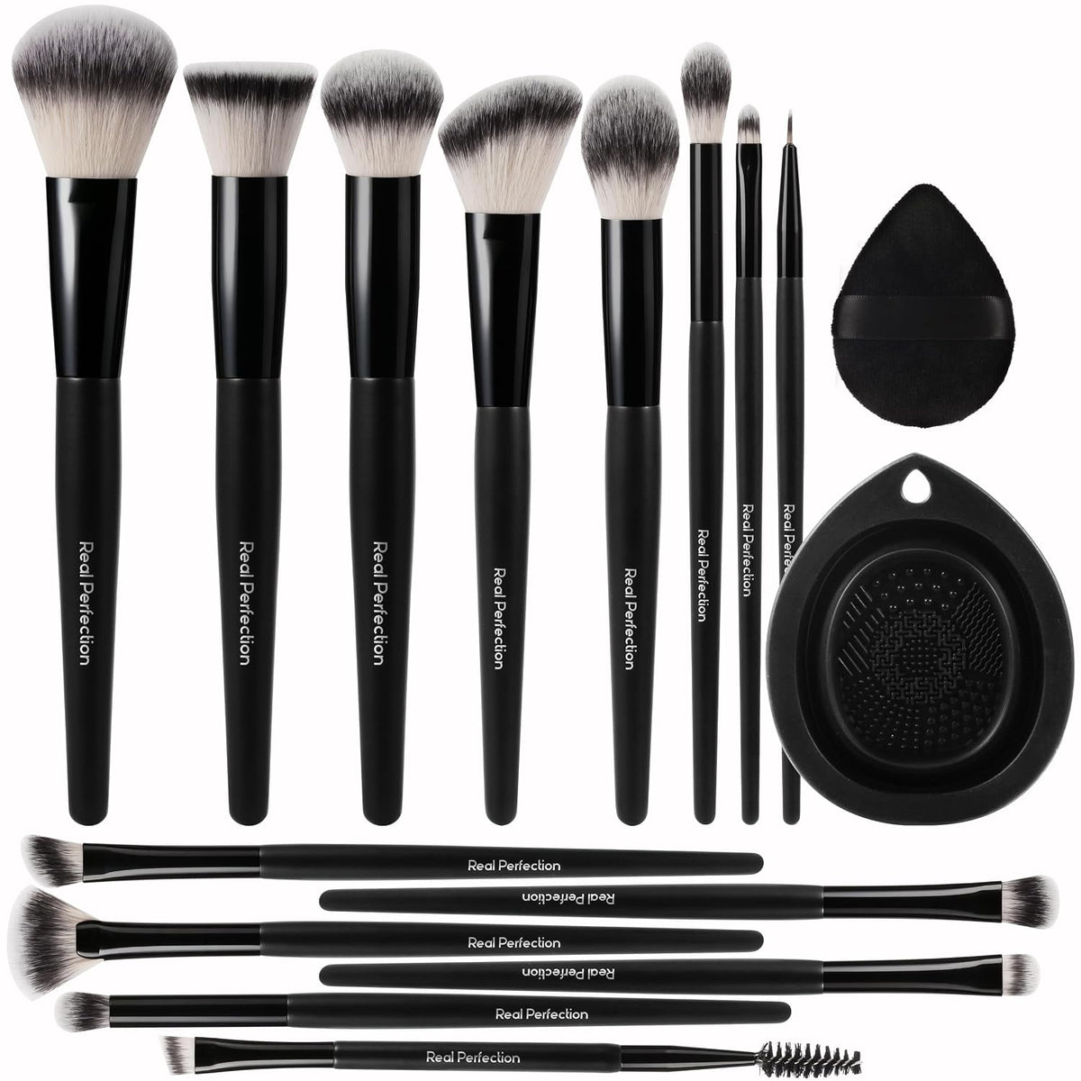 Real Perfection Makeup Brushes Set 14 Pcs with 1 Foldable Silicone Cleaner Bowl and 1 Powder Puff, Professional Foundation Eyeshadow Concealer Blush Powder Bronzer Make up Brushes Kit - Black