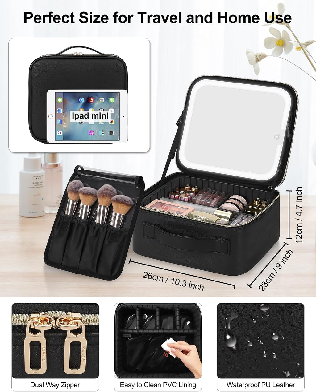 Chomeiu Makeup Bag with LED Mirror, Cosmetic Travel Bag for Women, Black