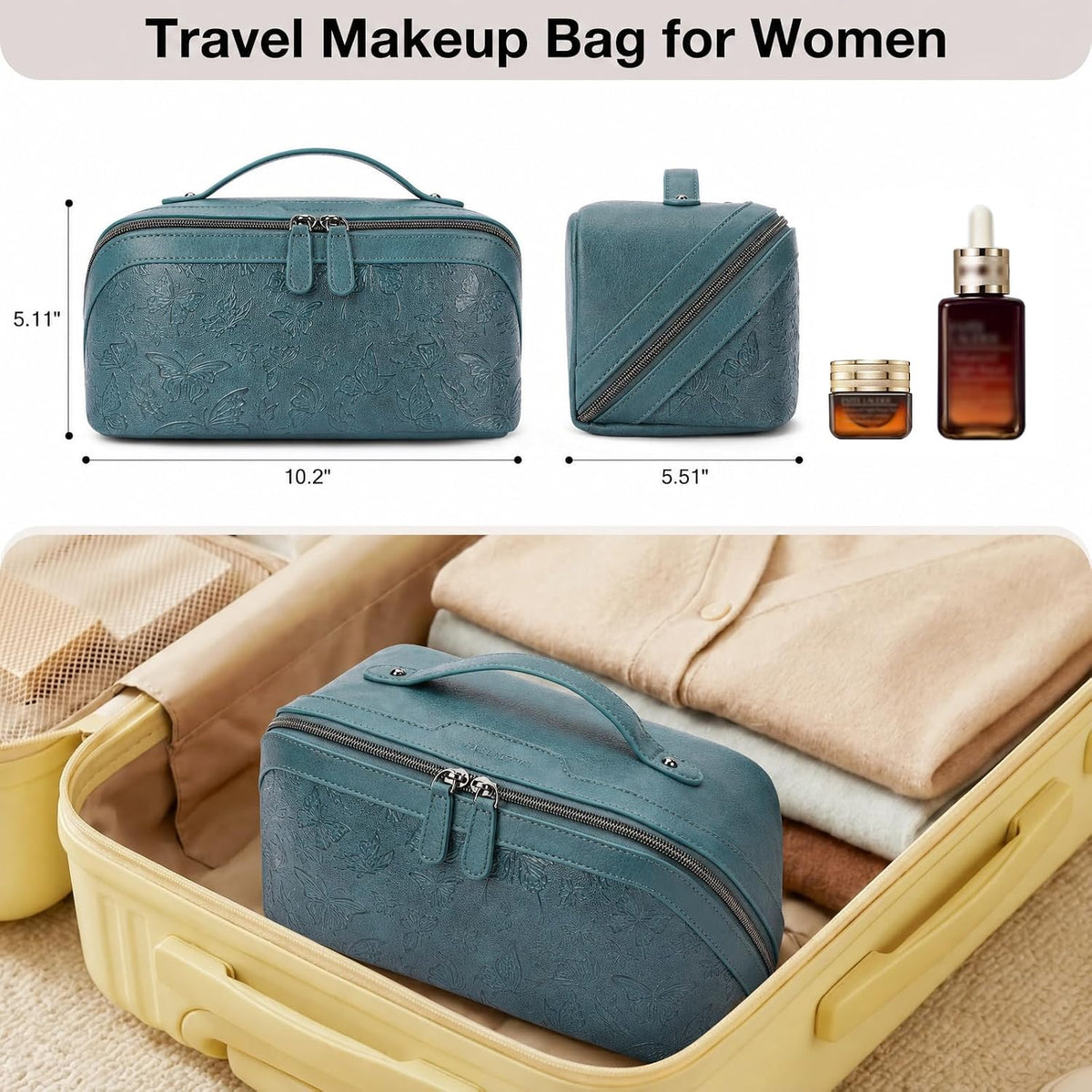 BELTANA Travel Makeup Bag for Women, Butterfly Flat Open Cosmetic Bag