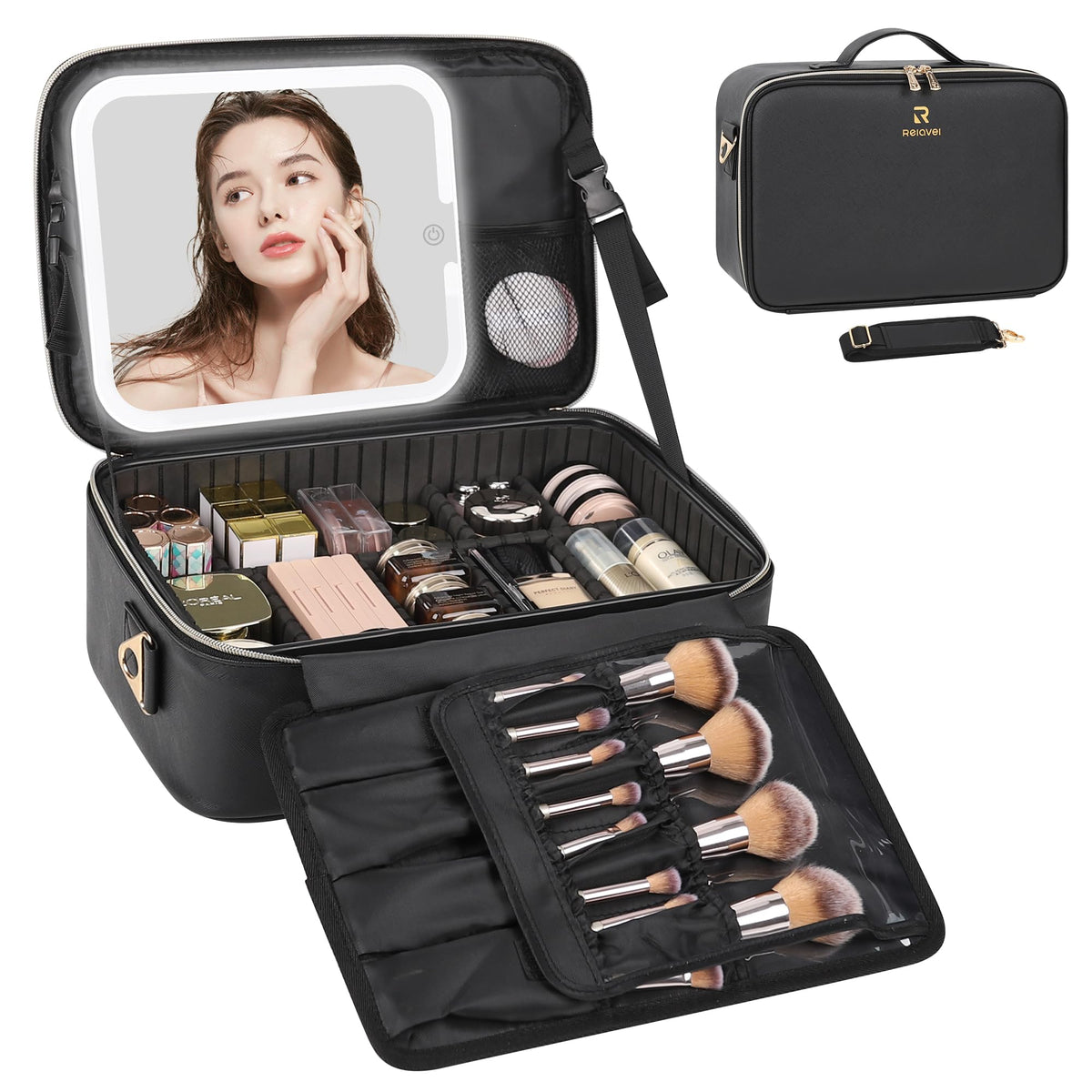 Relavel Travel Makeup Bag With LED Mirror Portable Travel Makeup Organizer 3 Color Adjustable Brightness Waterproof Cosmetic Train Case with Removable Dividers Makeup Storage for Women, Pink