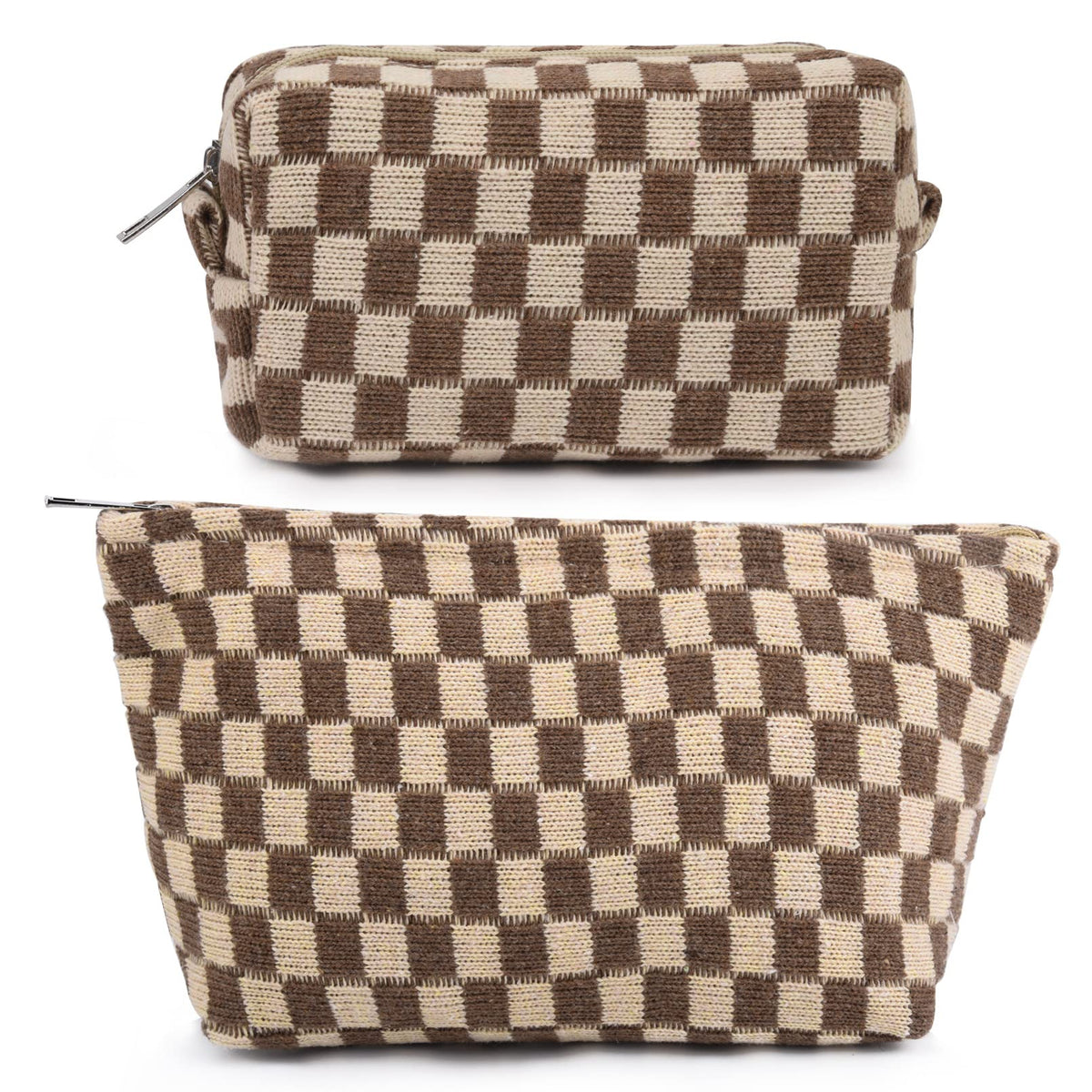 SOIDRAM 2 Pieces Makeup Bag Large Checkered Cosmetic Bag Capacity Canvas Mix Travel Toiletry Bag Organizer Cute Makeup Brushes Aesthetic Accessories Storage Bag for Women, Checkered Mix Rose Red