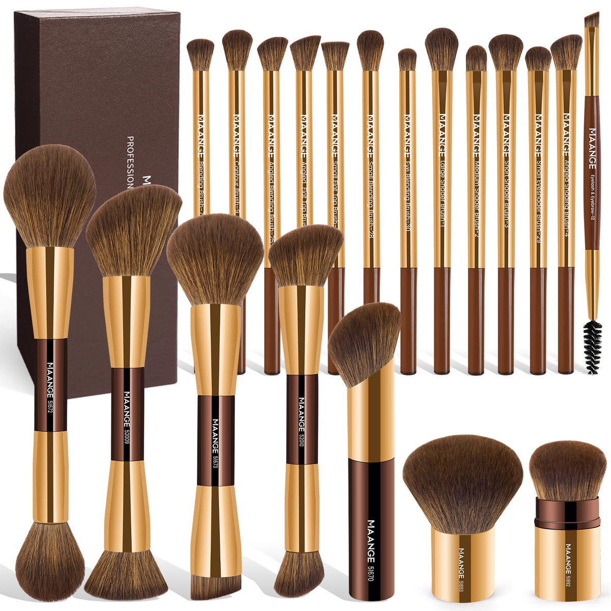 MAANGE 20 Pcs Makeup Brushes with Gift Box, Double-End Multi-functional Makeup Brushes for Blending Liquid Powder Concealer Cream Blush Buffe,CoffeeBrown