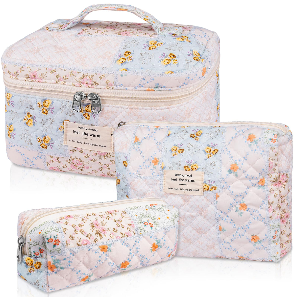 Gosect Makeup Bag, Large Quilted Cosmetic Bag, Big Floral Make Up Bag for Women Girls, Cute Cotton Makeup Bag Set, Flower Travel Toiletry Organizer Bag (Blue Flower)