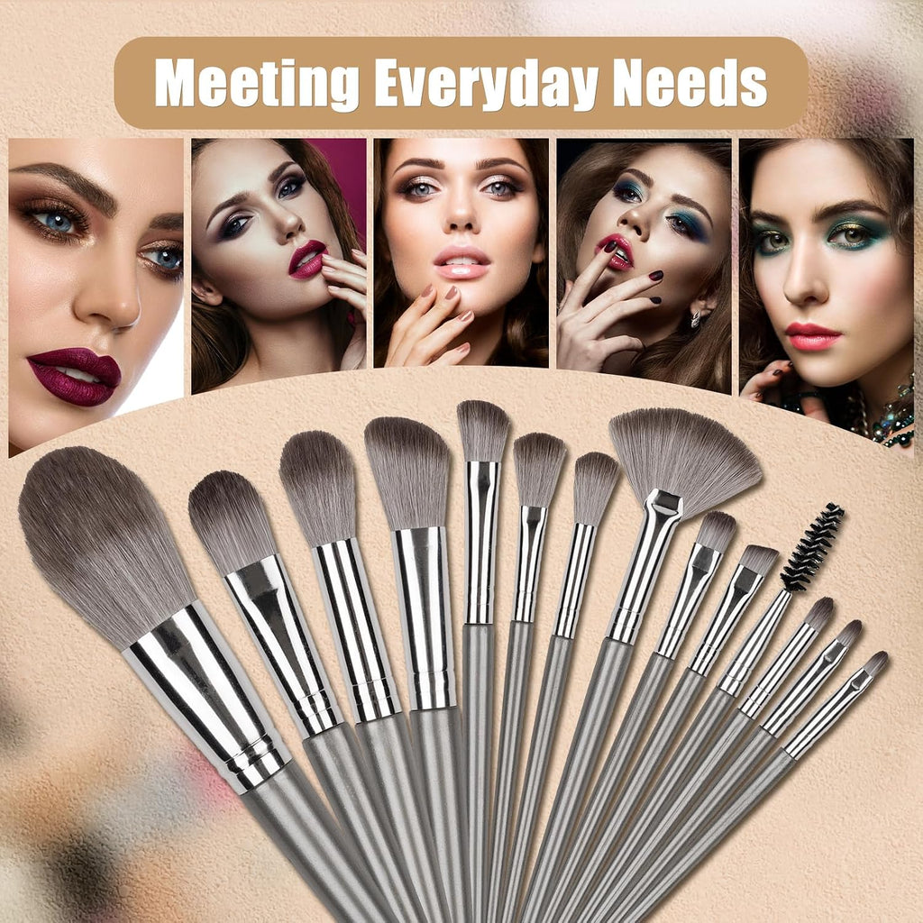 Amrules 14 Pcs Professional Makeup Brush Set, with PU Bag, Grayish