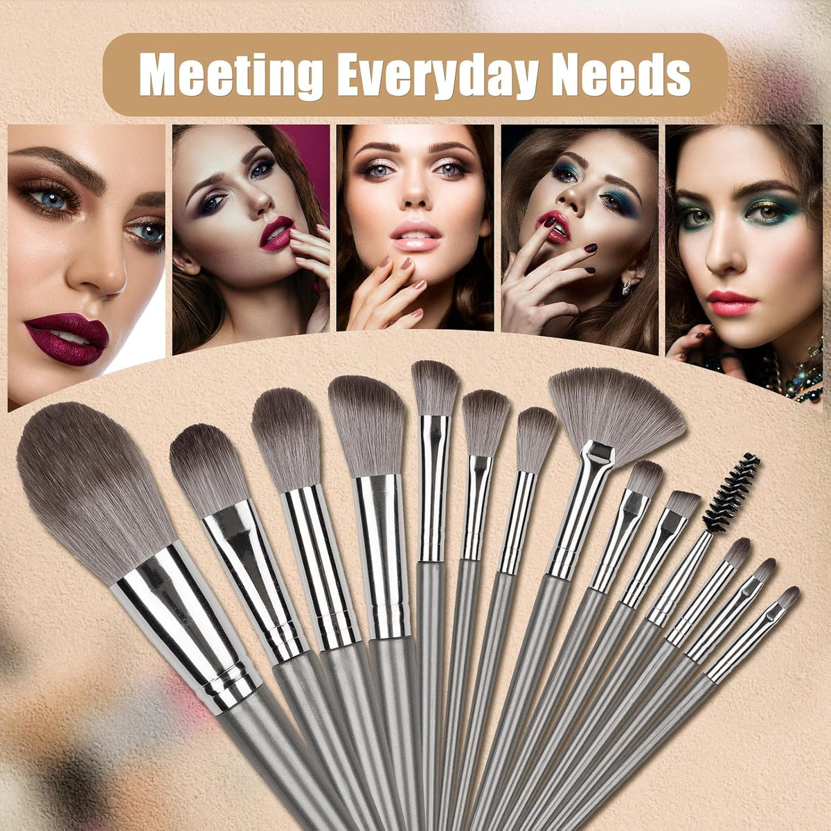 Amrules 14 Pcs Professional Makeup Brush Set, with PU Bag, Grayish