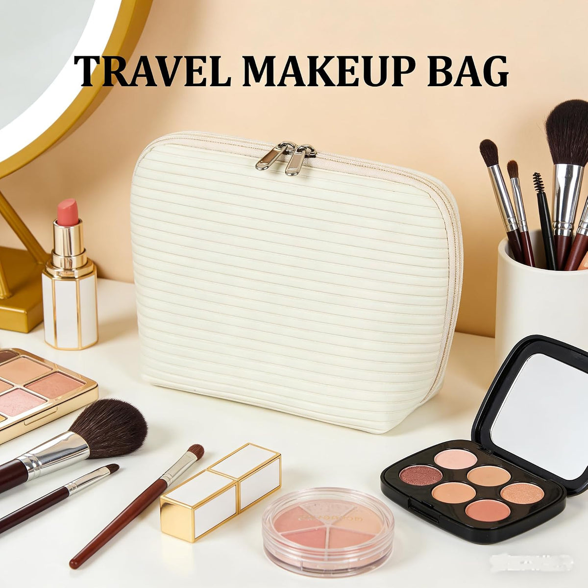Travel Makeup Bag for Women, Waterproof Stand Up Cosmetic Bag with Brush Holders, Organizer Bag with Compartments, Fold-Down Design for Skincare, Toiletries & Essentials(White, Medium)