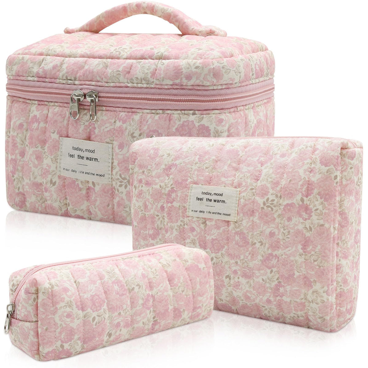 Gosect Makeup Bag, Large Quilted Cosmetic Bag, Big Floral Make Up Bag for Women Girls, Cute Cotton Makeup Bag Set, Flower Travel Toiletry Organizer Bag (Blue Flower)
