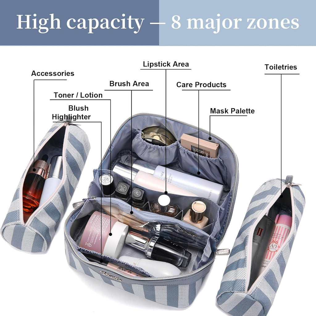 BOYATU Travel Makeup Bag for Women: 3 Pcs Set Striped Make up Bag,Blue