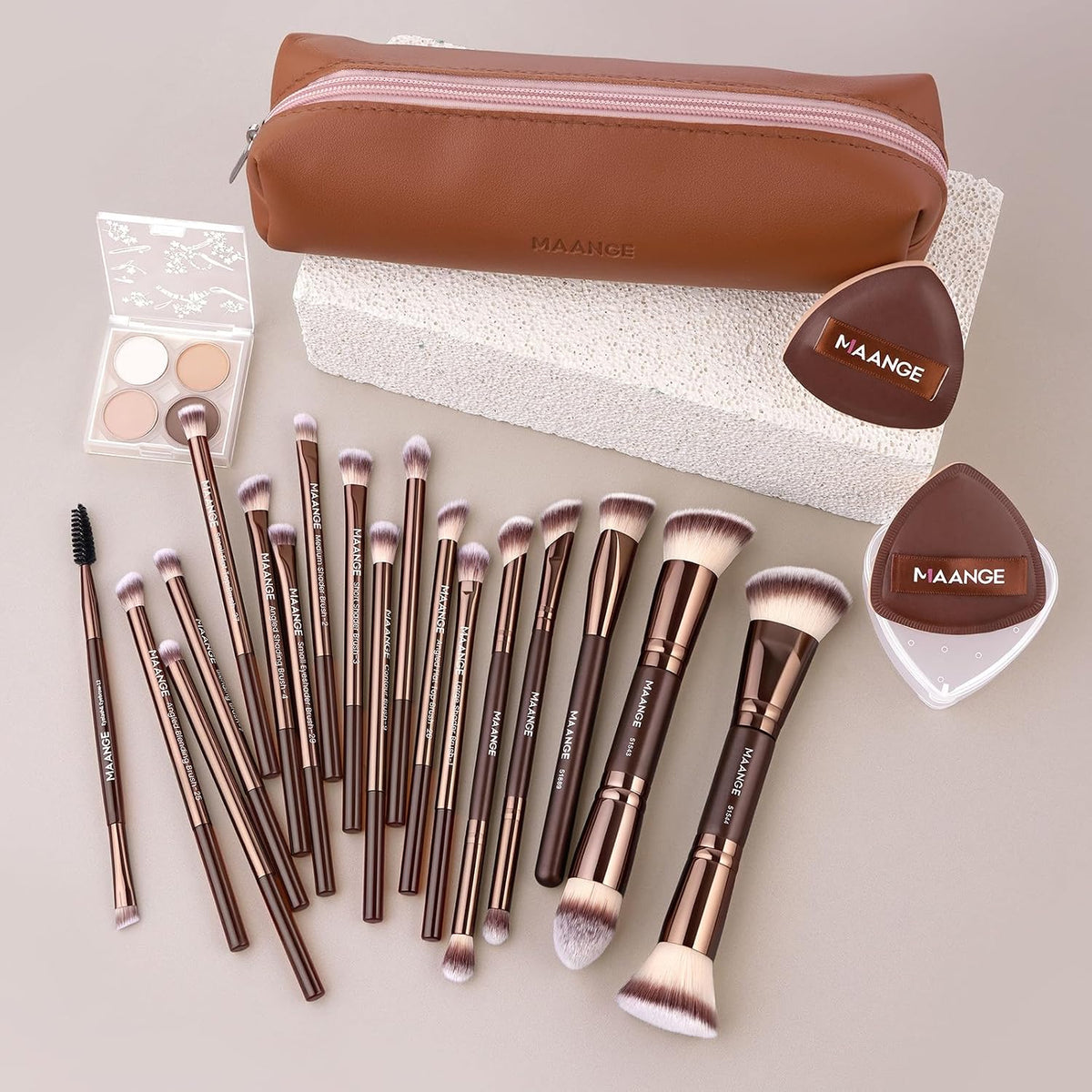 Travel Makeup Brush Set with Case MAANGE 20Pcs Makeup Set, Multi-functional Essential 18Pcs Makeup brushes Foundation, Powder, Blush, Eyeshadow Brushes with 2 Cushion Puffs-Coffee Brown