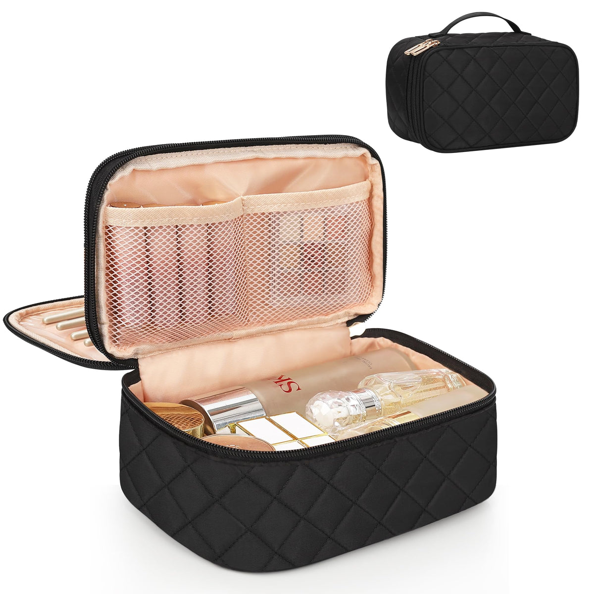 Relavel Travel Makeup Bag, Small Floral Cosmetic Bag with Makeup Brush Compartment, Portable Makeup Pouch for Women, Double Layer Makeup Organizer Bag Cute Toiletry Bag