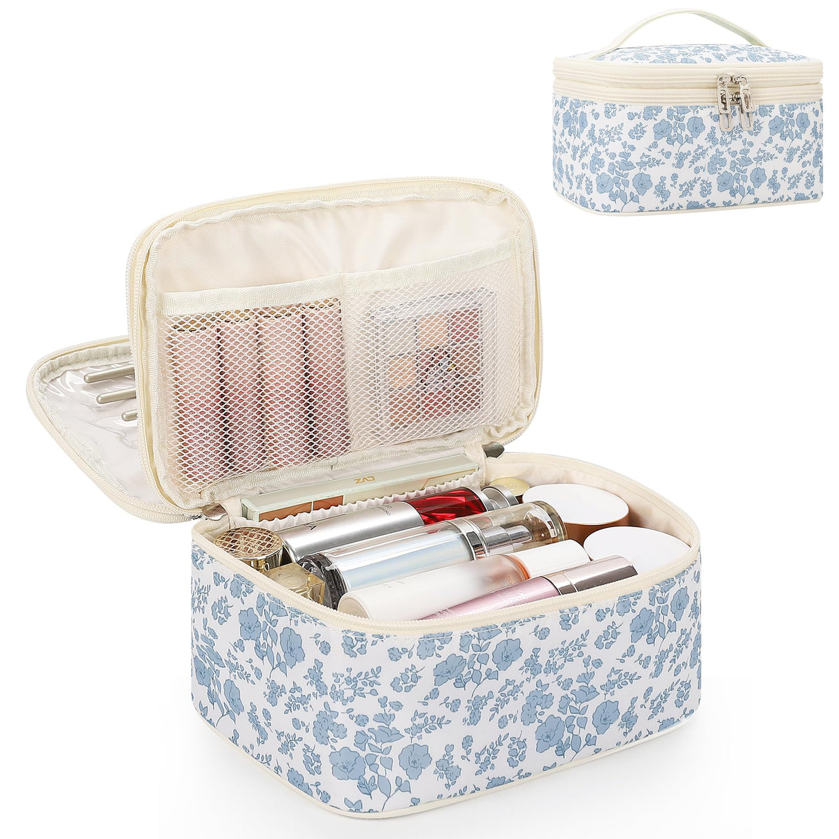 Relavel Travel Makeup Bag, Small Floral Cosmetic Bag with Makeup Brush Compartment, Portable Makeup Pouch for Women, Double Layer Makeup Organizer Bag Cute Toiletry Bag