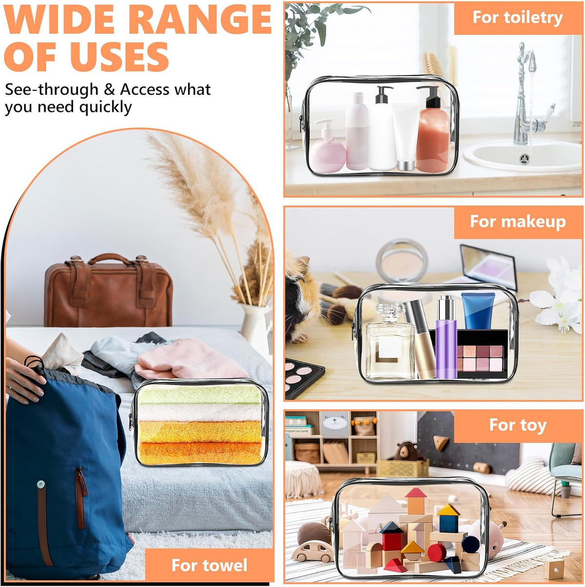 AURUZA Clear Makeup Bag,Portable Travel Toiletry Bags with Zipper, TSA Approved Clear Organizer Bags, PVC Cosmetic Pouch for Airport Airline Compliant